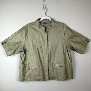Chicos 100% Linen Boxy Utility Cargo Jacket Womens XL Gold Lightweight Y2K Retro